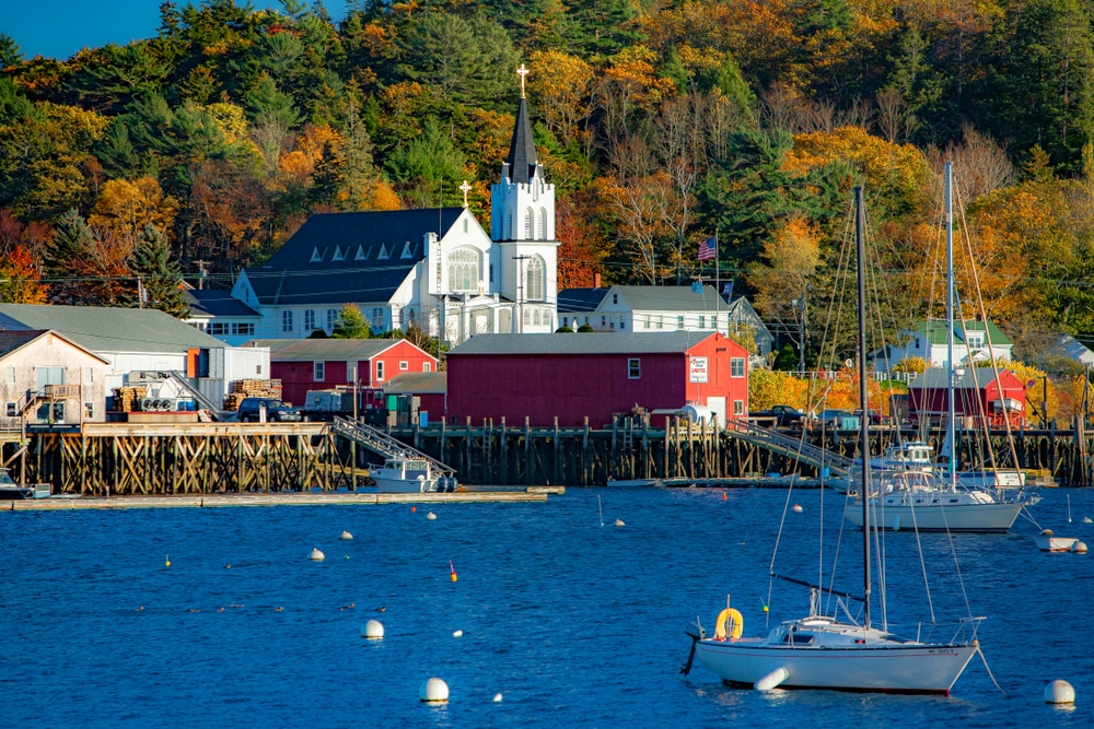 Boats and fall foliage on Boothbay Harbor 